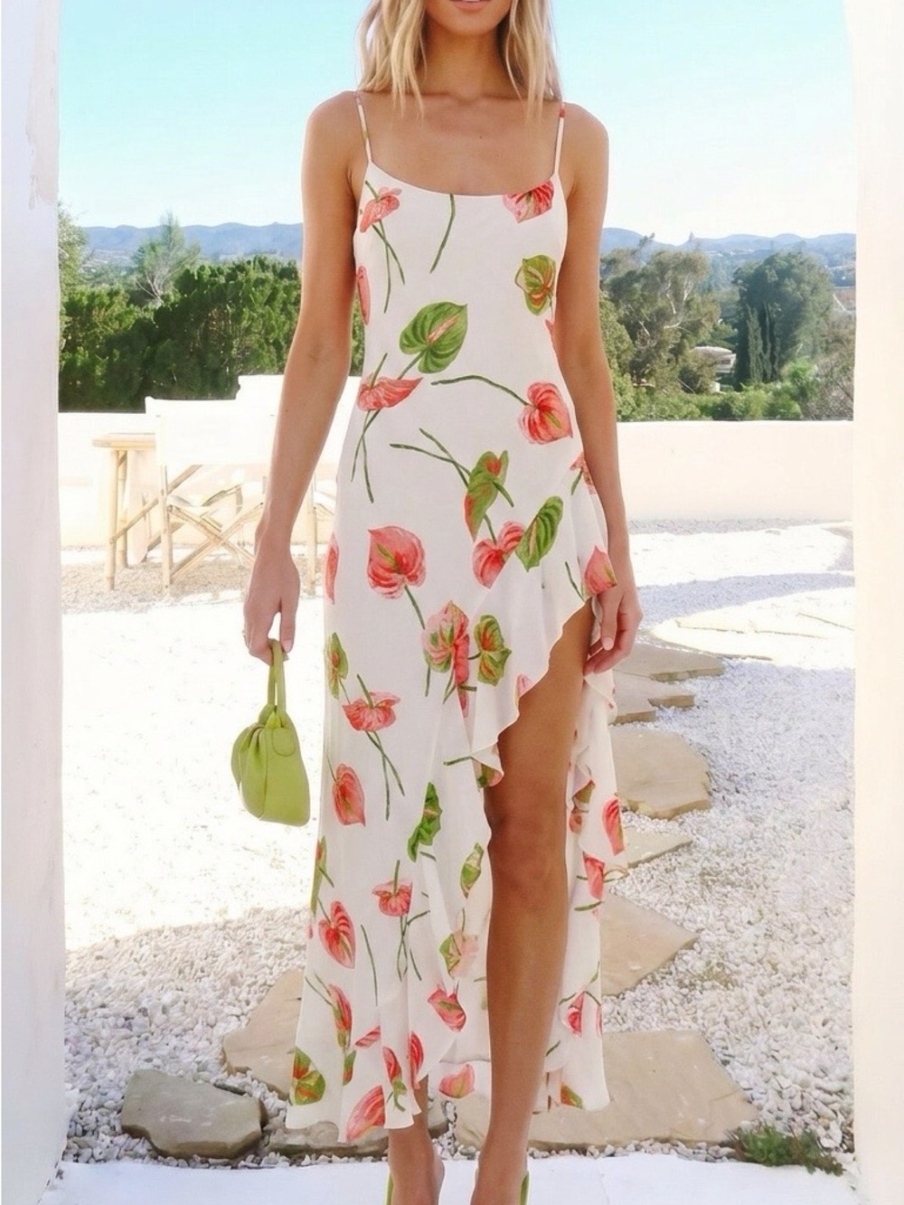 Reformation White Floral High-Low Slip Dress with Pink & Green Print